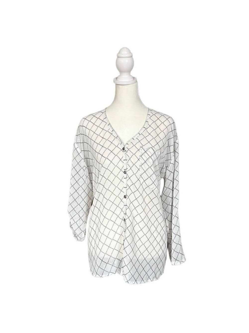 CAbi Sheer Button Down Diamond Pattern V-Neck Blouse Top Size XS